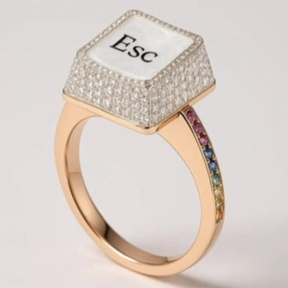 Esc Keyboard Button Ring with Moissanites, 14K Gold