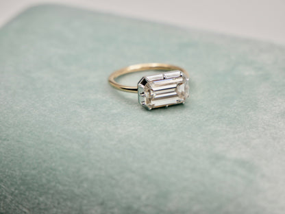 Georgian Victorian Emerald Cut Moissanite Button Back Collet Ring, White Gold, view 3