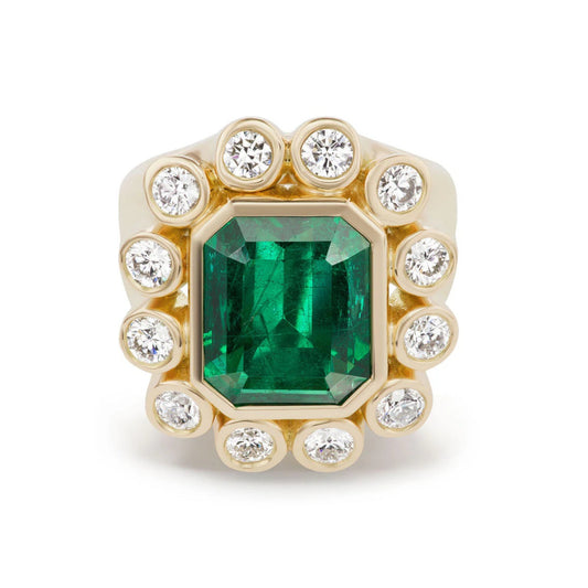 Emerald Lab Diamond Cluster Ring in 18K Yellow Gold | Bezel Set Engagement Ring | Victorian Style | Jessica McCormack style | Fred Leighton inspired | Zendaya engagement ring style | Zoe Kravitz jewelry | Georgian Victorian antique inspired jewelry | by Disco Marshmallow | Brent Neale style | cluster ring | two stone ring
