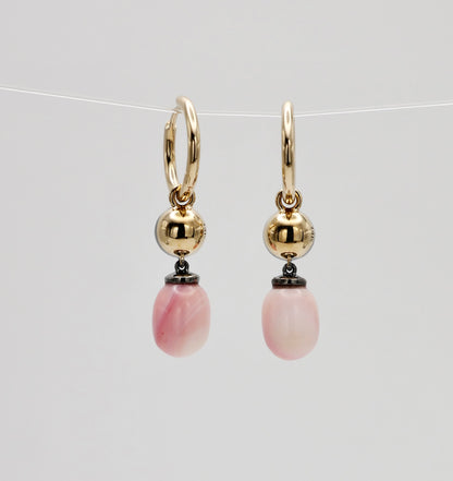 Hoop Earrings with Round Lab Diamonds and Conch Pearls, view 3