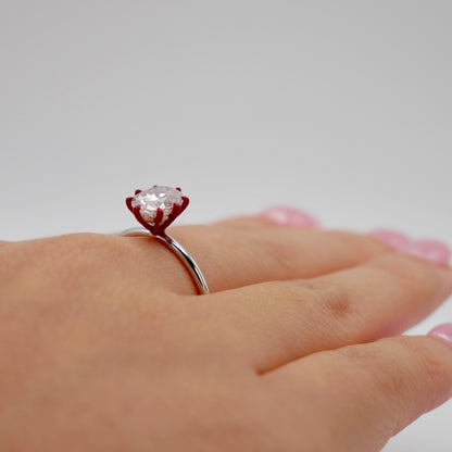 Oval Moissanite Ring with Red Enameled Claw Prongs in Red Gold - Unique Engagement Ring, 14K Gold, view 9