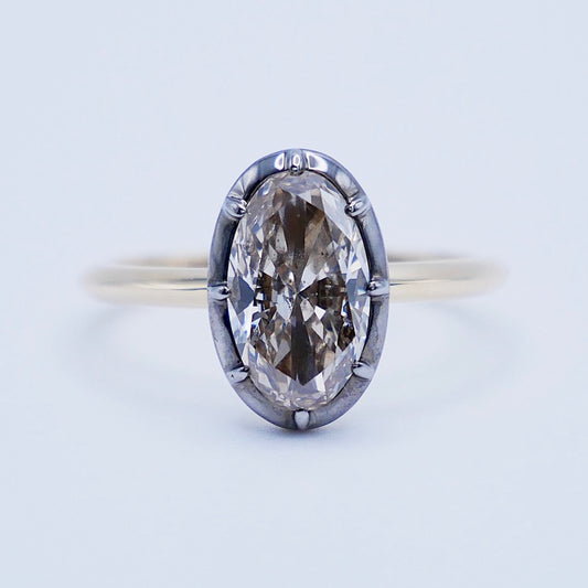 Georgian Victorian 2.5 Ct Champagne Oval Lab Diamond Ring in 14k Blackened and Yellow Gold