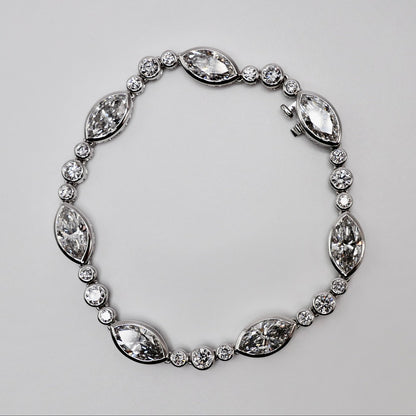 Platinum Marquise & Round Brilliant Lab Grown Diamond Tennis Bracelet - Antique or Vintage Inspired