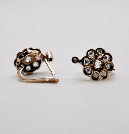 Georgian Victorian Gold Cluster Flower Cut Diamond Lever Earrings, 14K Gold, view 2