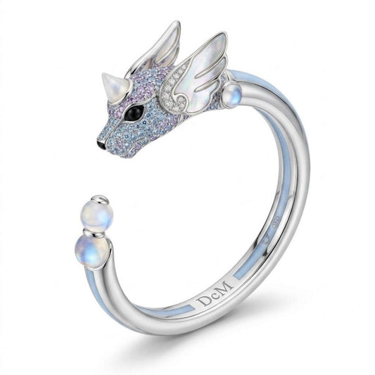 Dragonair Pokemon Cuff Bracelet 3D Pavé Moissanite Moonstone 18K White Gold, Dragon Pokemon Bangle, Anime Jewelry Gift, Open Cuff Bracelet