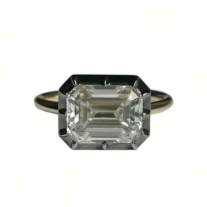 Georgian Victorian Emerald Cut Moissanite Button Back Collet Ring, Blackened Gold