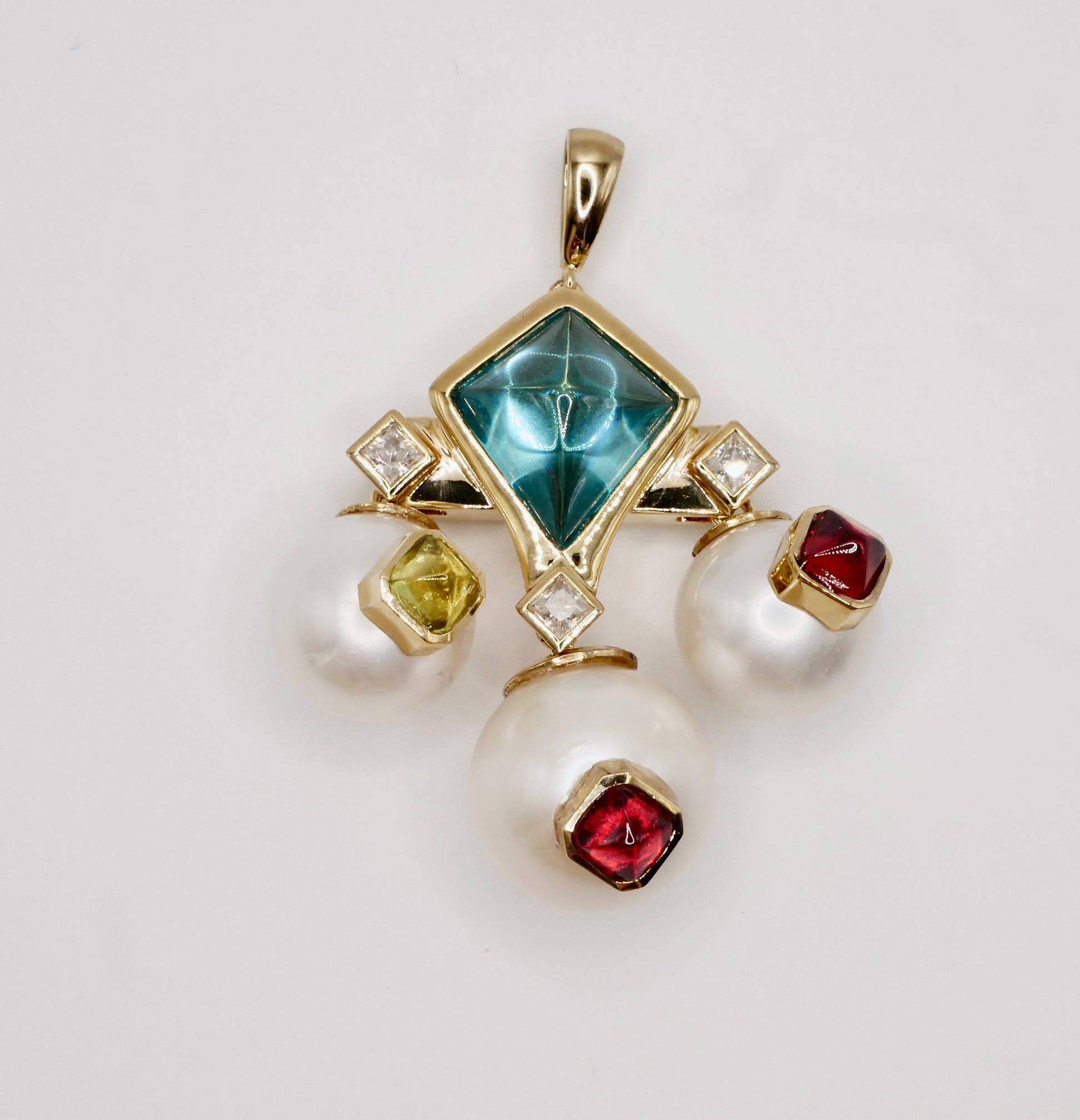 Art Deco Geometric Pearl and Multi-Gemstone Cabochon, 9K Yellow Gold Statement Pendant | by Disco Marshmallow