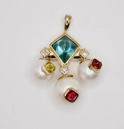 Art Deco Geometric Pearl and Multi-Gemstone Cabochon, 9K Gold, view 8