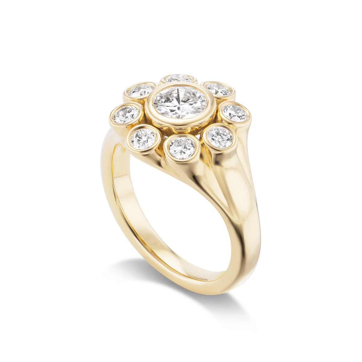 Lab Diamond Cluster Ring in 18K Yellow Gold | 1ct Total Diamond Weight | Bezel Set Engagement Ring | Victorian Style | Jessica McCormack style | Fred Leighton inspired | Zendaya engagement ring style | Zoe Kravitz jewelry | Georgian Victorian antique inspired jewelry | by Disco Marshmallow | Brent Neale style | cluster ring | two stone ring