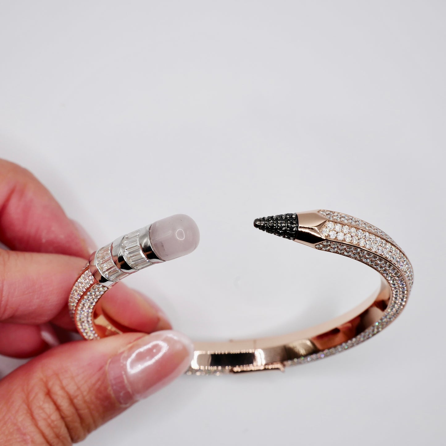 Pave Pencil Bangle with Moissanite and Pink Nephrite