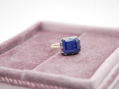 Georgian Victorian Emerald Cut Blue Sapphire Button Back Collet Ring, view 5