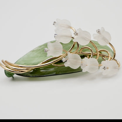 Rock Crystal, Diamond, Nephrite and Gold Lily of the Valley Brooch, 18K Gold