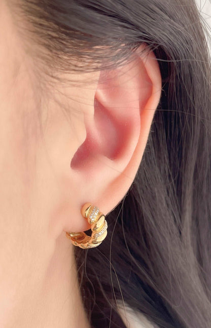 Diamond Croissant Huggies or Hoops, 18K Gold, view 6