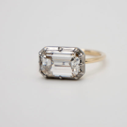 Georgian Victorian Elongated Emerald Cut Moissanite Button Back Collet Ring