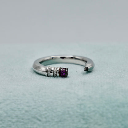 Platinum Pencil Ring With Baguette Moissanites and Pink Lab Rubies, view 5