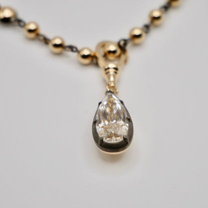 Georgian Victorian Ball Chain Elongated Pear Moissanite or Diamond Pendant, 14K Gold