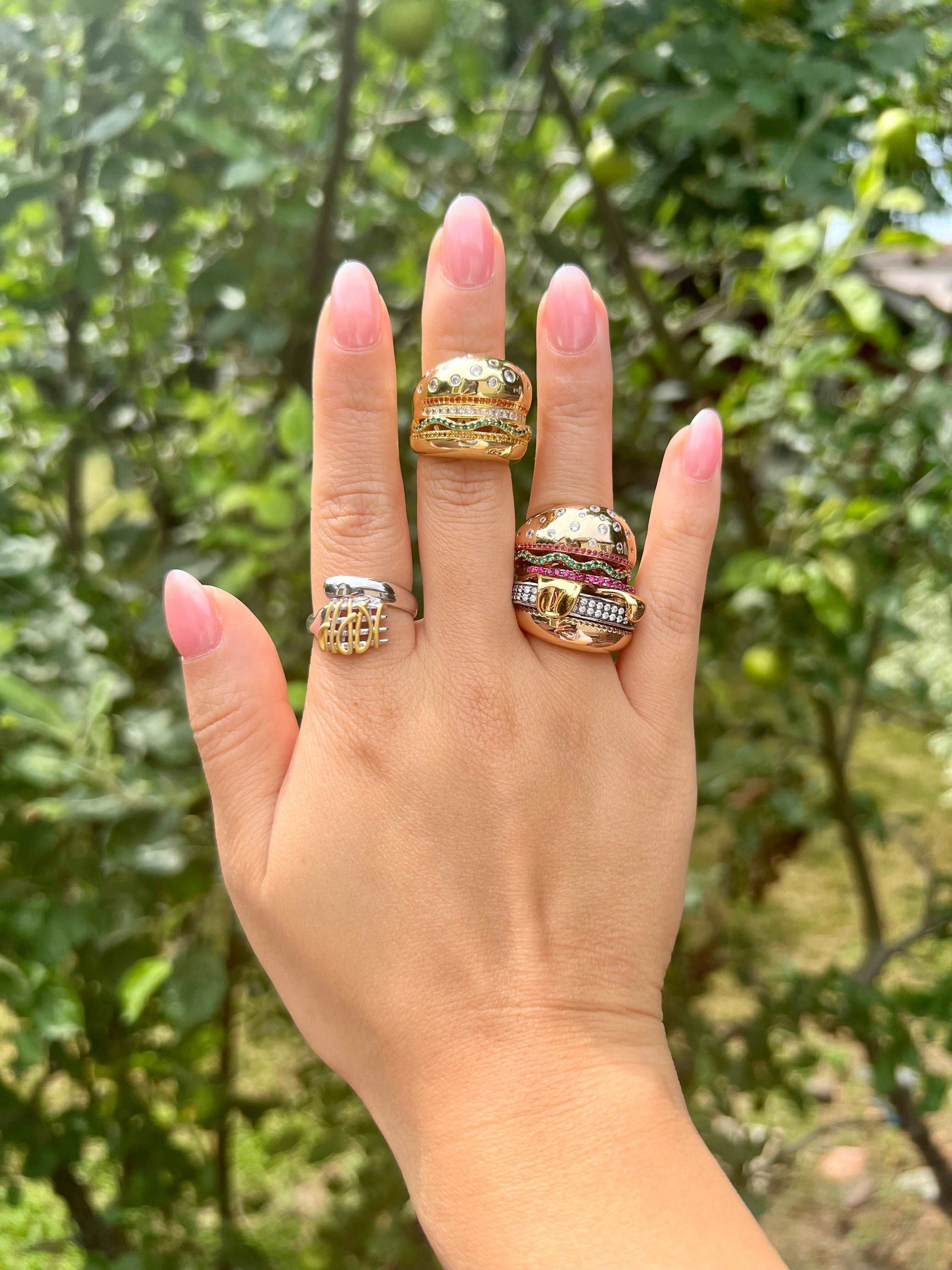 veggie burger ring, hamburger ring, gold filled burger ring, nadine ghosn, drake