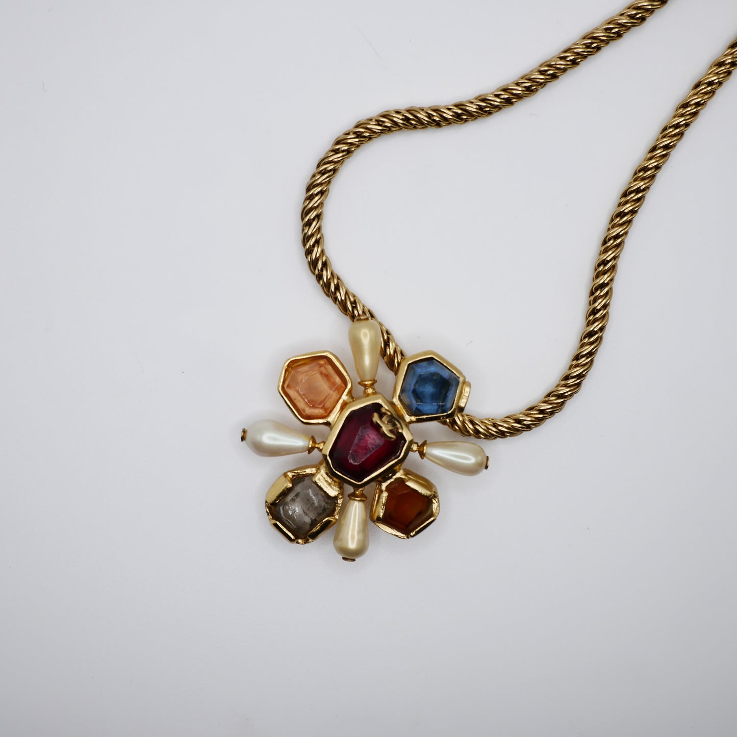 Vintage Chanel Gripoix poured glass Byzantine cross pendant necklace, view 4