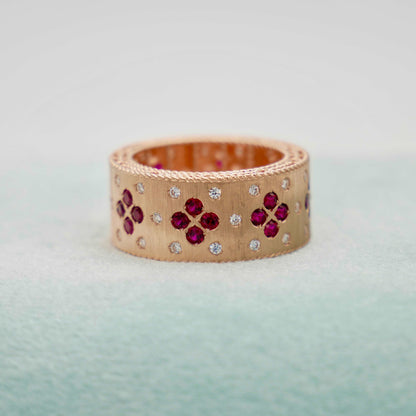 Silk Engraved Ring with Lab Rubies and Moissanites, 14K Gold, view 5