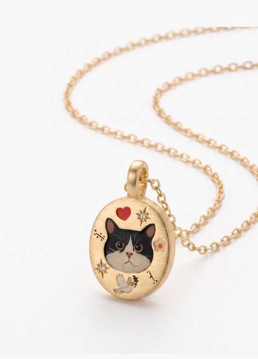 Custom pet portrait pendant, hand painted enamel in solid gold, view 2