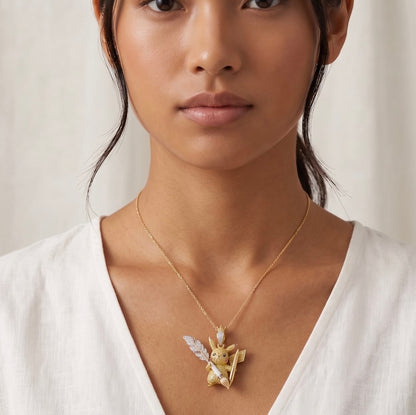Illustrator Pikachu Pendant with Pen and Quill Pavé Moissanite Sapphire, 14K or 18K Gold, view 3