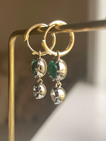 Oval Emerald and Round Moissanite Georgian Victorian Gold Hoop Earrings, view 5