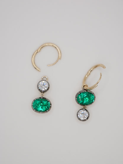 Oval Emerald and Round Moissanite Georgian Victorian Mismatched or Gold Hoop Earrings, view 3