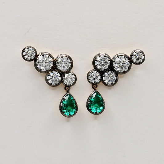 5 carat Georgian Victorian Climbing Collet Emerald and Moissanite Stud Earrings