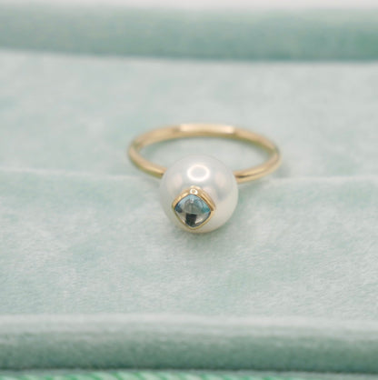 Pearl and Aquamarine Ring, 14K Gold, view 3