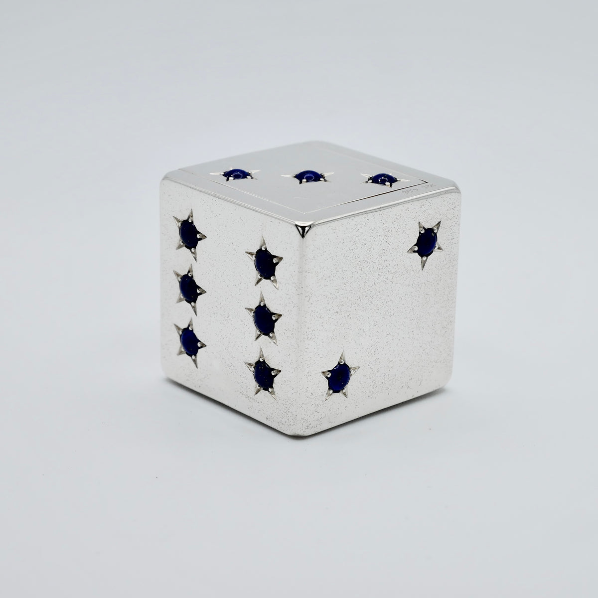 5 cm silver dice keepsake box, star set lapis lazuli pips on matte and polished sterling silver