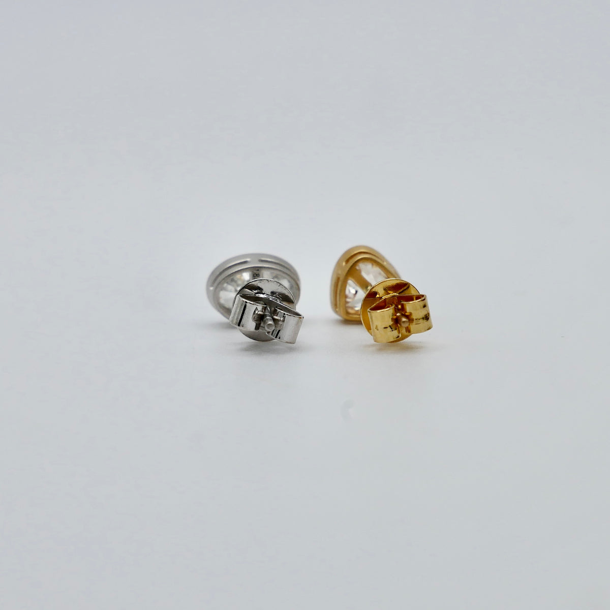 Mismatched Champagne Heart and White Oval Lab Diamond Bezel Studs in 14K or 18K Matte Gold