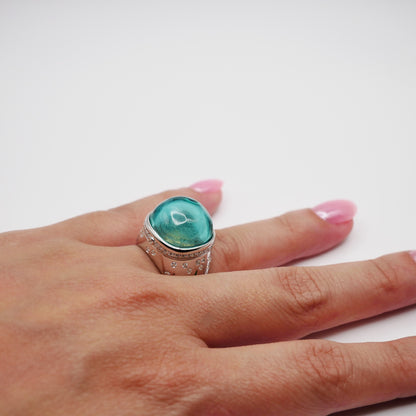 Aquamarine Cabochon Ring with Hidden Opening Starfish, view 7