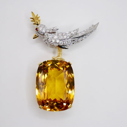 Bird Brooch with Elongated Cushion Citrine and Moissanites, 18K Gold Filled