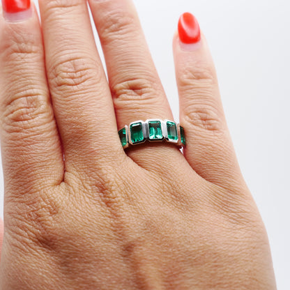 Half Eternity Lab Grown Emerald Cut Emerald Ring in Platinum Bezel Setting, view 5