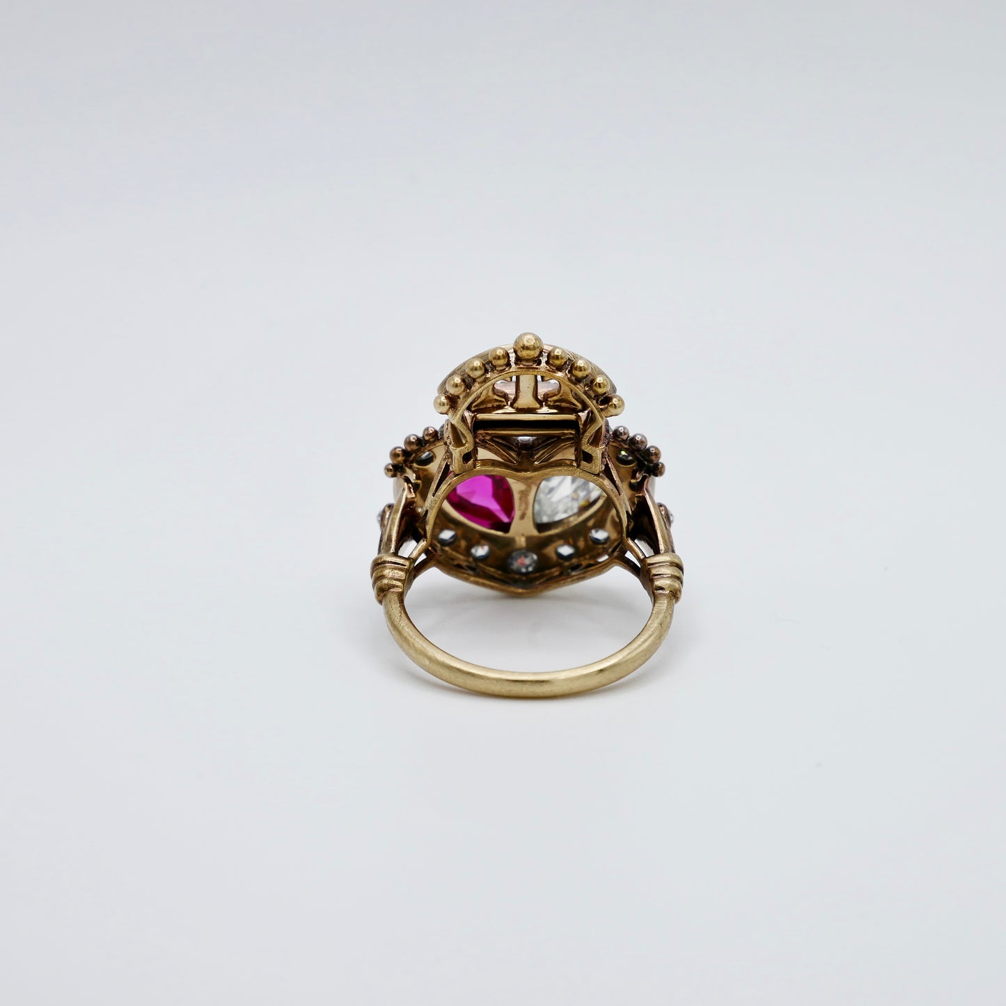 Georgian Crowned Twin Heart Ring with Rose Cut Lab Ruby and Moissanite, view 2