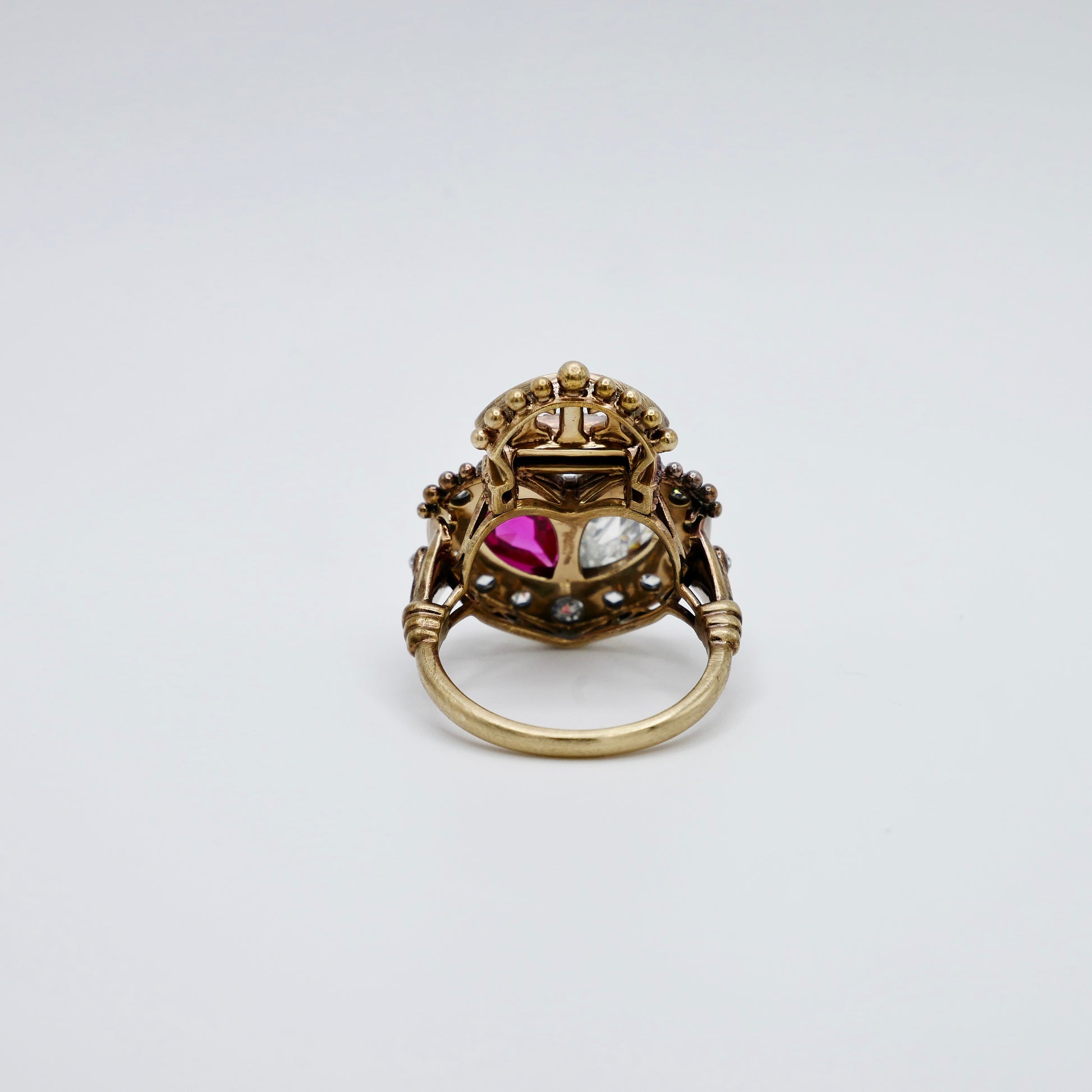 Georgian Crowned Twin Heart Ring with Rose Cut Lab Ruby and Moissanite, view 2