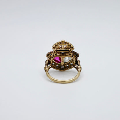 Georgian Crowned Twin Heart Ring with Rose Cut Lab Ruby and Moissanite, view 2