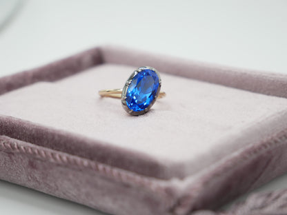Georgian Victorian Oval Blue Sapphire Button Back Collet Ring, view 4