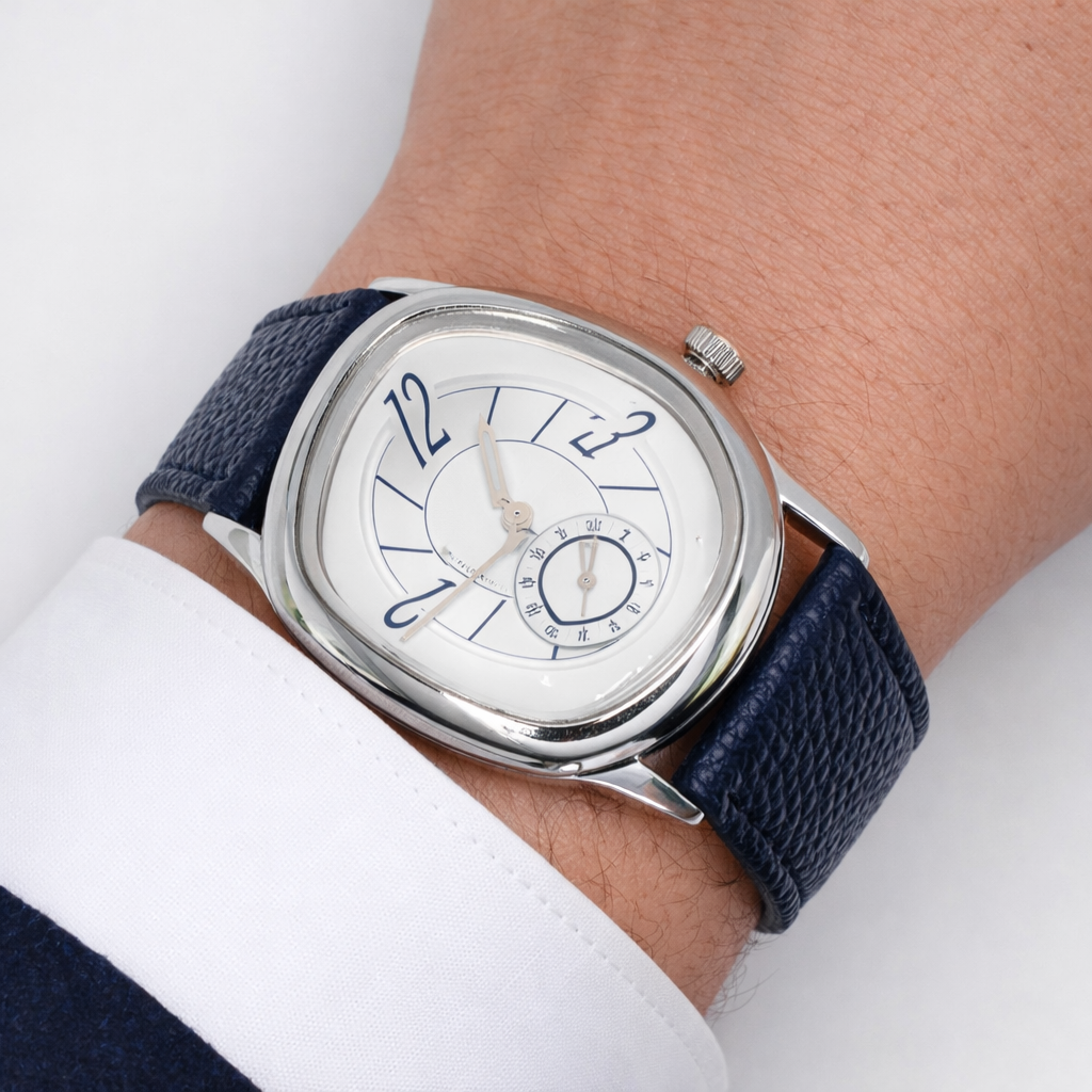 Men's White Gold and Navy Leather Strap Barrel Vintage Inspired Watch | by Disco Marshmallow