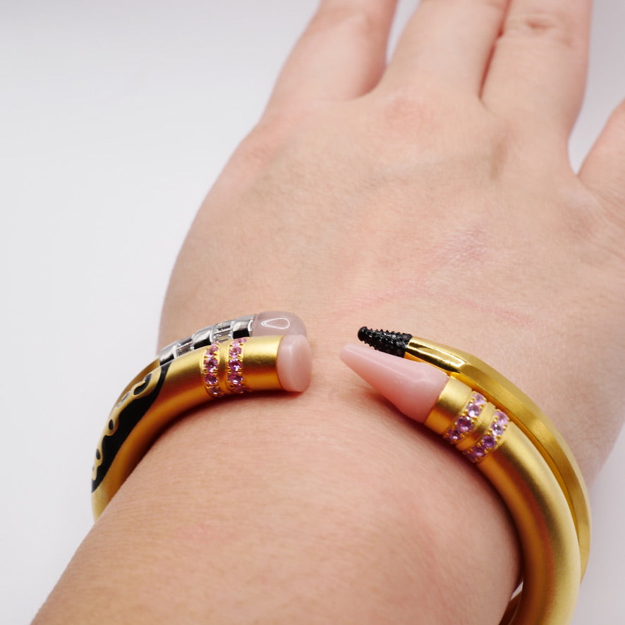 Customizable Crayon Bracelet in 18K Gold Filled with Pink Coral and Pink Moissanites | Nadine Ghosn style | Drake jewelry | Justin Bieber jewelry | Beyonce jewelry | novelty fun fine jewelry | by Disco Marshmallow