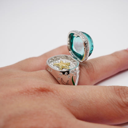 Aquamarine Cabochon Ring with Hidden Opening Starfish, view 8