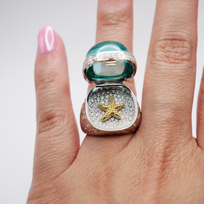 Aquamarine Cabochon Ring with Hidden Opening Starfish, view 10