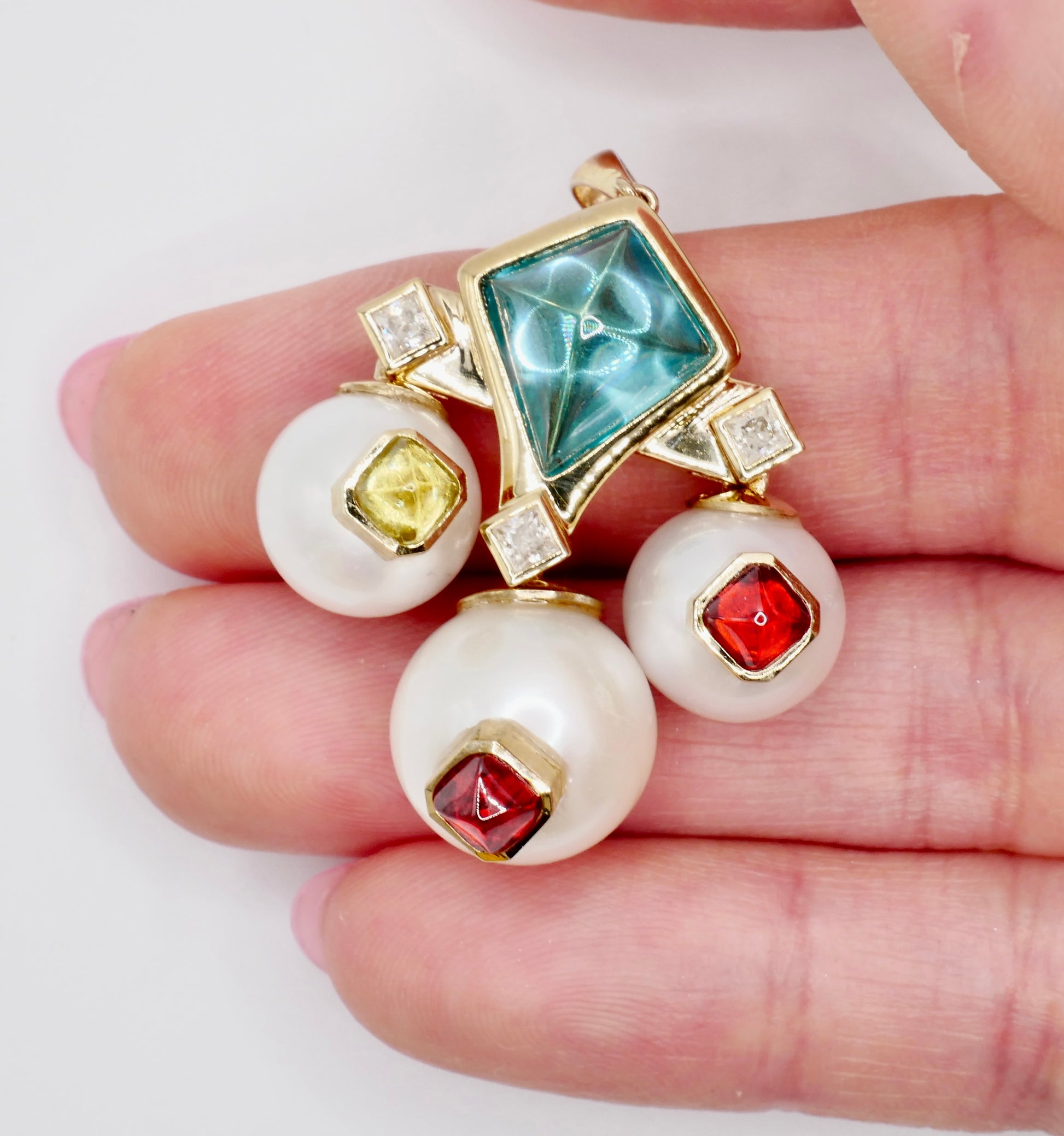 Art Deco Geometric Pearl and Multi-Gemstone Cabochon, 9K Yellow Gold Statement Pendant | by Disco Marshmallow