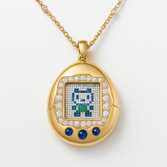 Retro Digital Pet Egg Pendant in 14K Yellow Gold with Gemstones (Lab Emeralds, Sapphires, Moissanites)