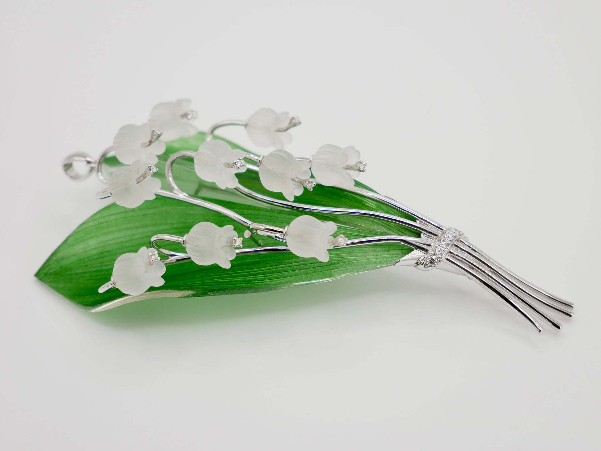 Nephrite Jade Rock Crystal Diamond Lily of the Valley Pendant