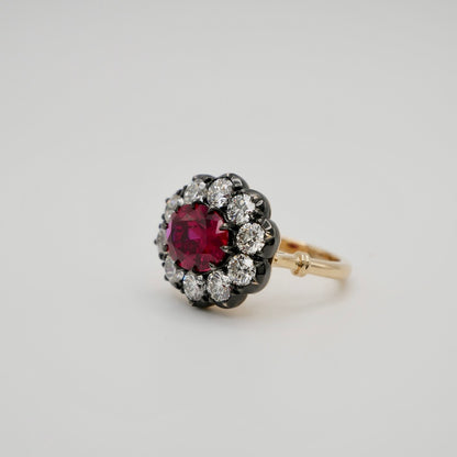 Lab Ruby and Diamond Cluster Ring in Georgian Collet Setting, view 2