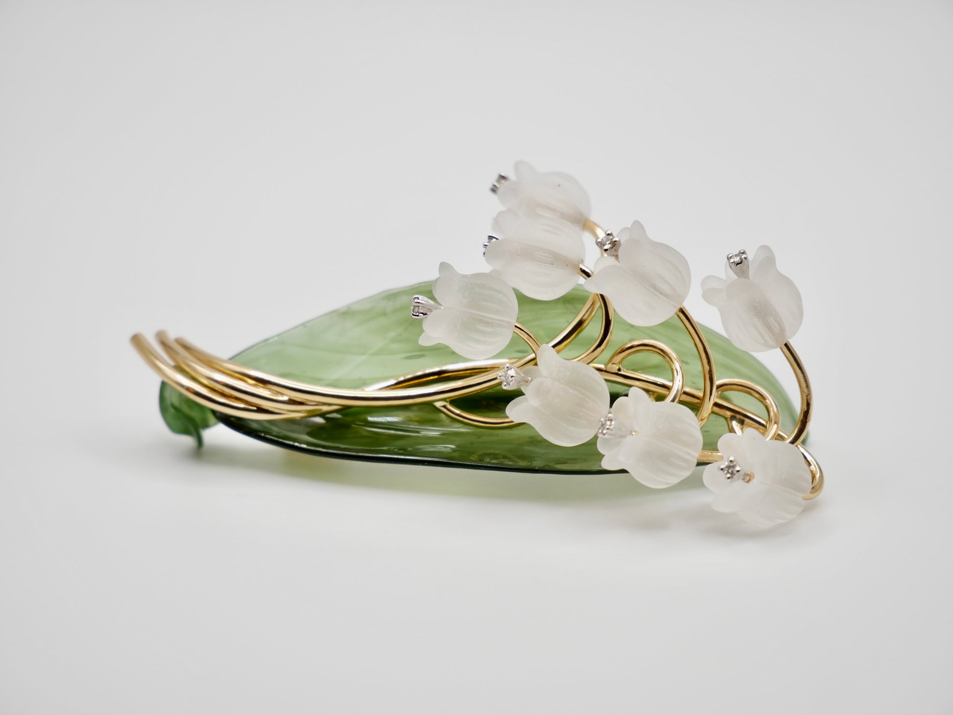 1stdibs - lily of the valley brooch - nephrite - rock crystal - diamonds - antique lily of the valley