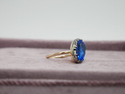 Georgian Victorian Oval Blue Sapphire Button Back Collet Ring, view 7