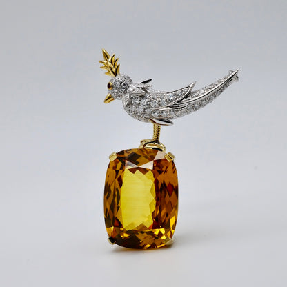 Bird Brooch with Elongated Cushion Citrine and Moissanites, 18K Gold Filled, view 3