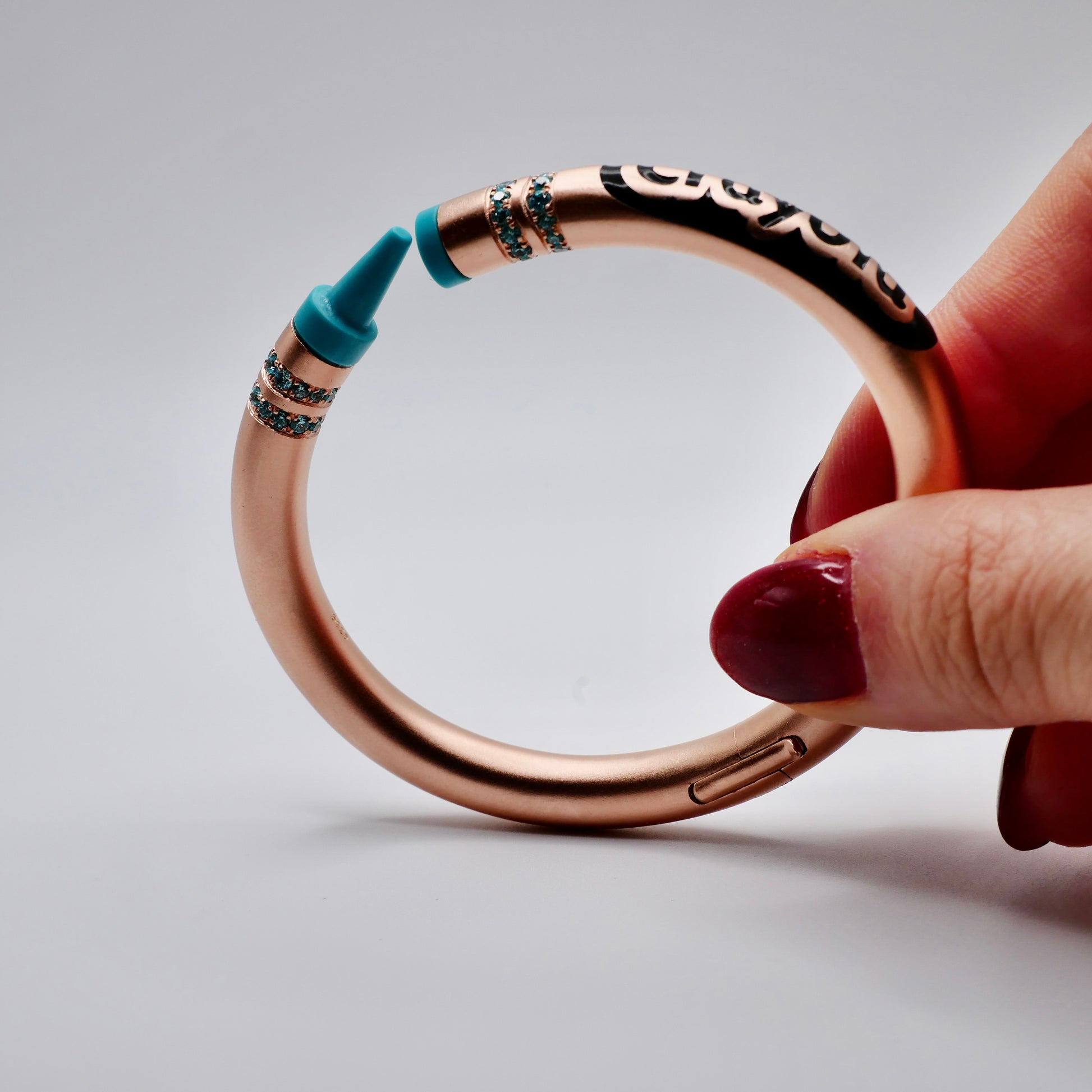 Customizable Crayon Bracelet in 18K Gold Filled with Turquoise and Turquoise Moissanites | Nadine Ghosn style | Drake jewelry | Justin Bieber jewelry | Beyonce jewelry | novelty fun fine jewelry | by Disco Marshmallow